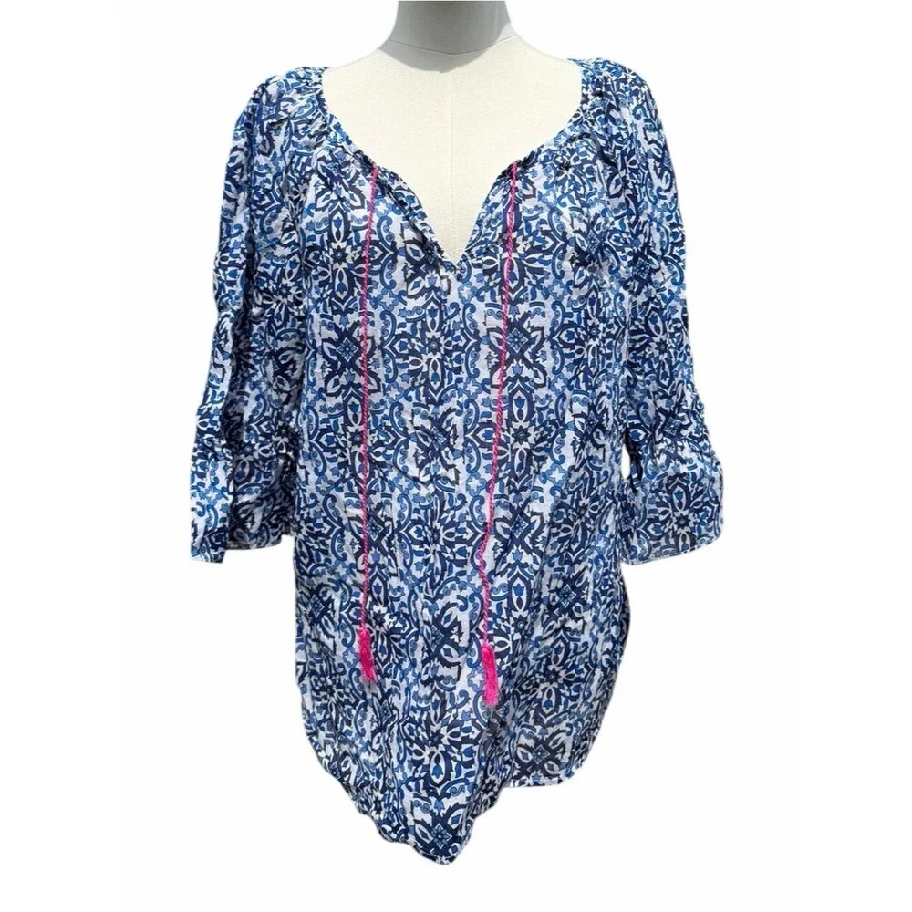 Milly Blue Pink Floral Medallion Boho Blouse Large Tassel Tie Peasant Top Casual